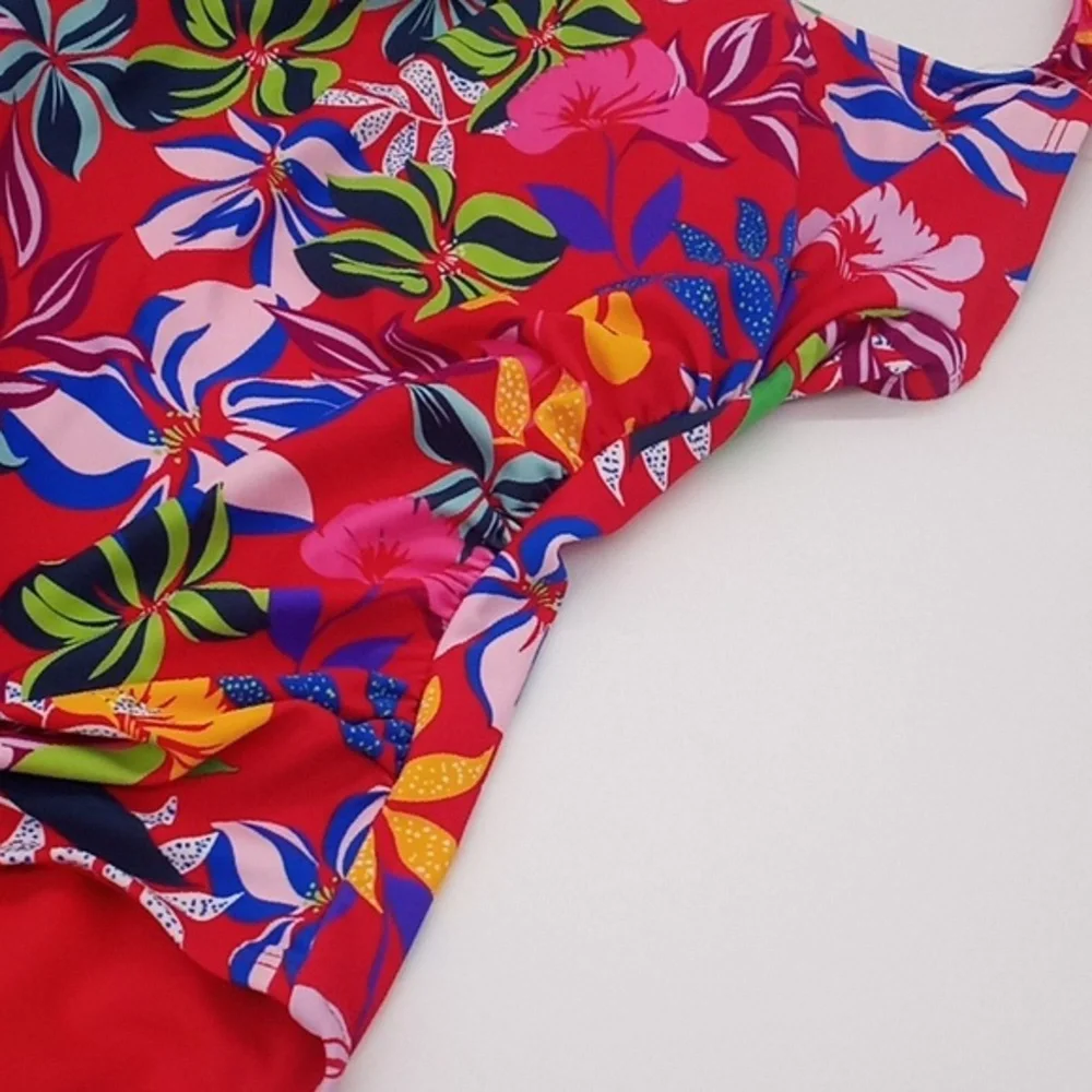 Sold! Caribbean Joe Tropical Print One Piece Swimsuit Red‎ 14 NWOT - Picture 3 of 13